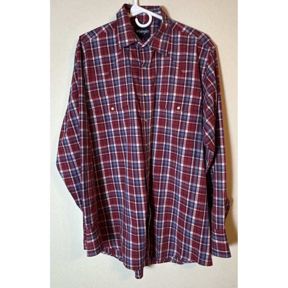 Wrangler Wrancher Men's Sz LT Long Sleeve Shirt Red White Plaid Pearl Snaps